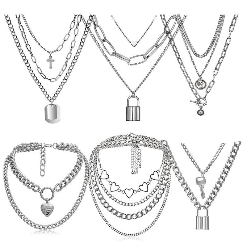 [Australia] - 6 PCS Chain Necklace Egirl Men Male Emo Goth Chains Statement Lock Key 1-4 Layered Pendants Necklace for Women Teen Girls Boys Eboy Long Multilayer Chains Punk Choker Silver and Gold Set 