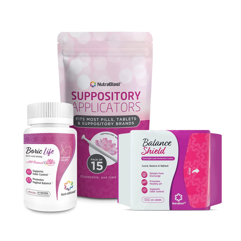 [Australia] - NutraBlast Boric Acid Vaginal Suppositories 600mg (30 Count) w/ Disposable Vaginal Applicators (15-Pack) and Balance Shield Panty Liners (180mm, 20-Pack) 