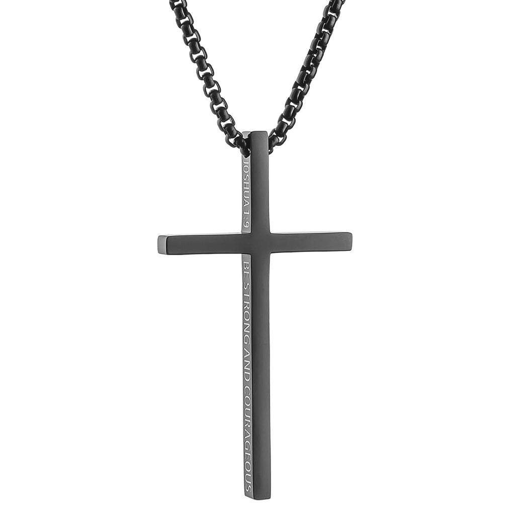 [Australia] - Joshua 1:9 Cross Pendant Strength Bible Verse Stainless Steel Necklace Black 