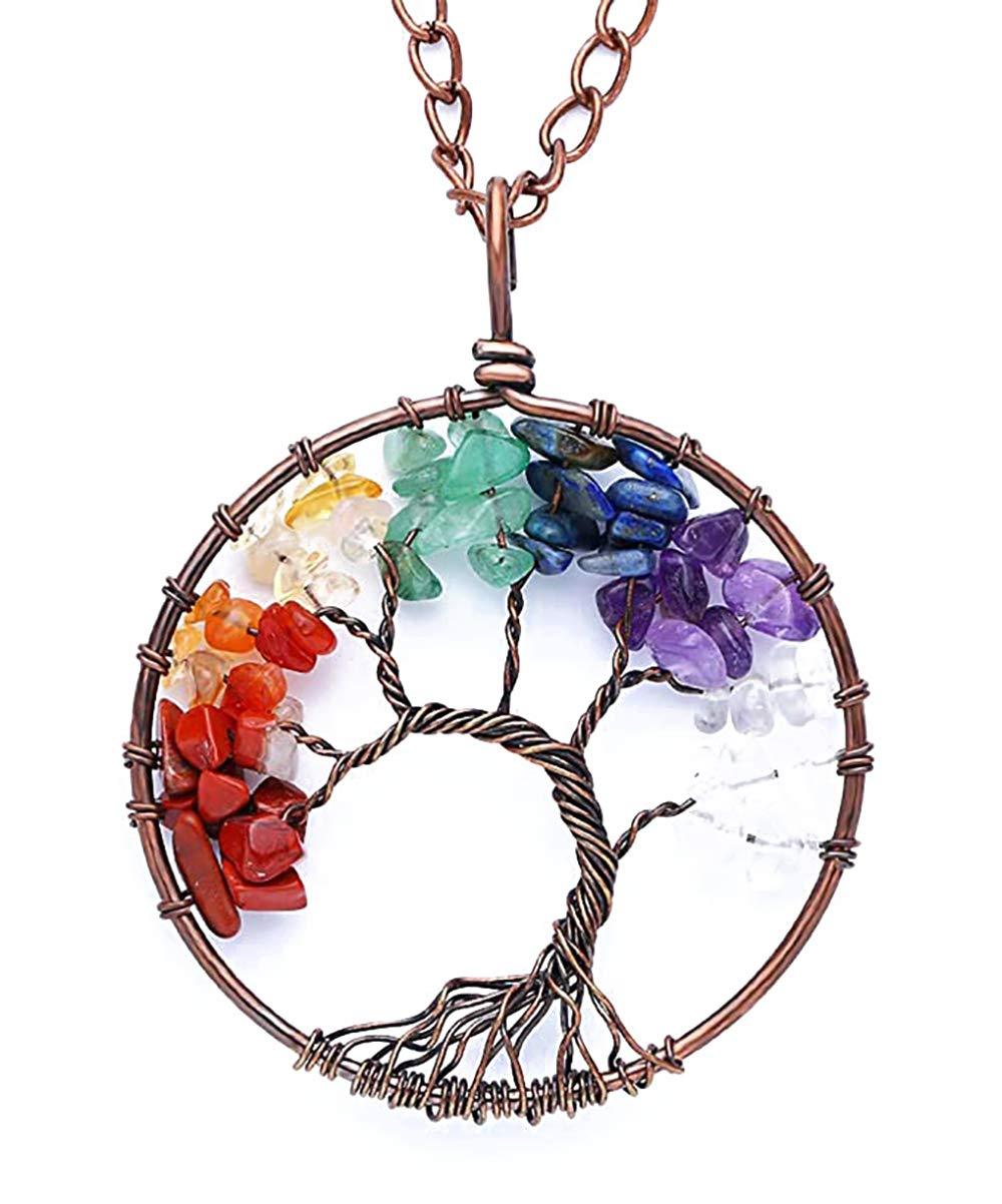 [Australia] - GUAGLL Tree of Life Crystal Pendant Necklace 7 Color Tumble Stone Exquisite Tree of Wisdom Ancient Copper Necklace 