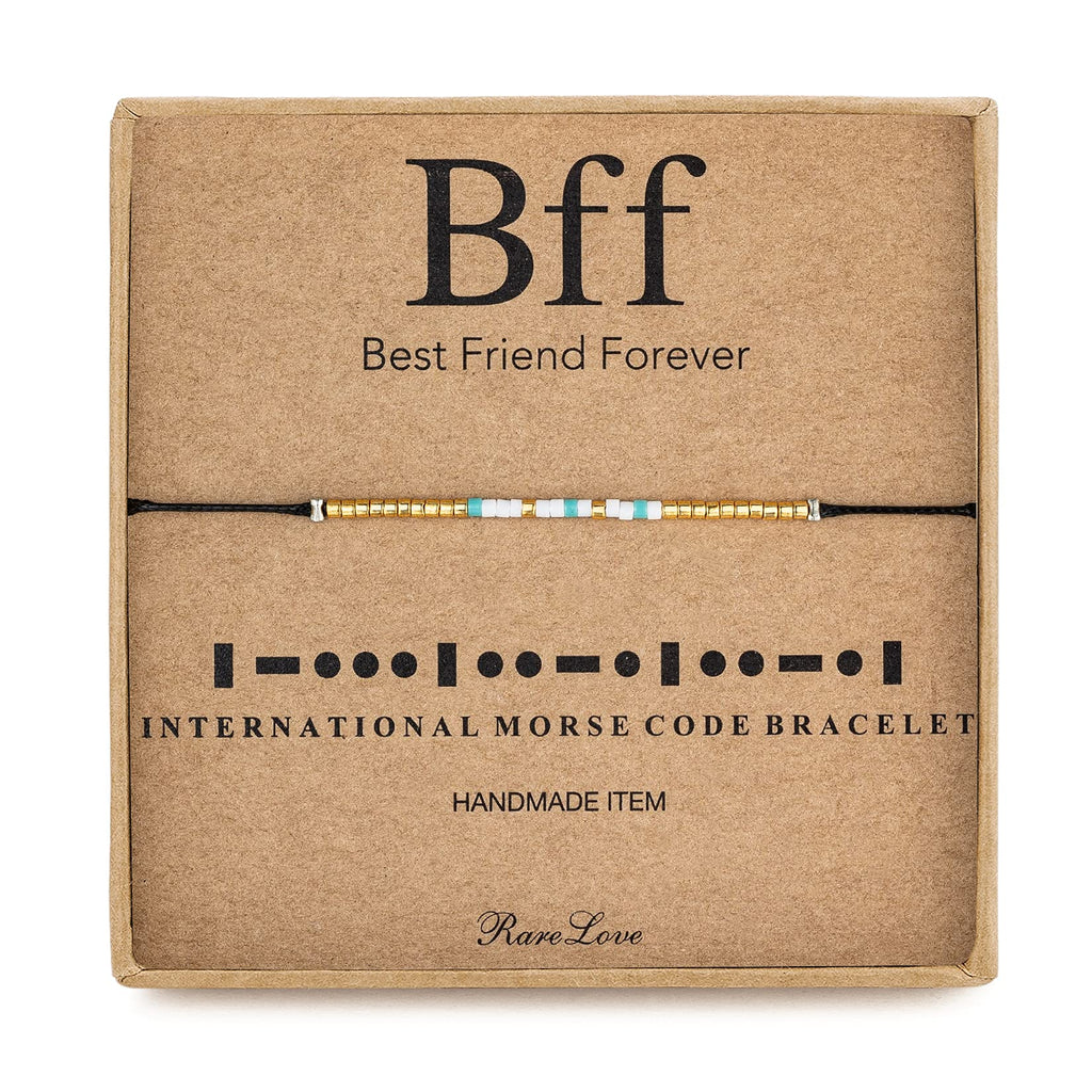 [Australia] - RareLove BFF Morse Code Beaded Bracelet Long Distance Relationships Friendship Gifts for Best Friends Waterproof Gold Blue White Tiny Pony Seed Beads Black String 