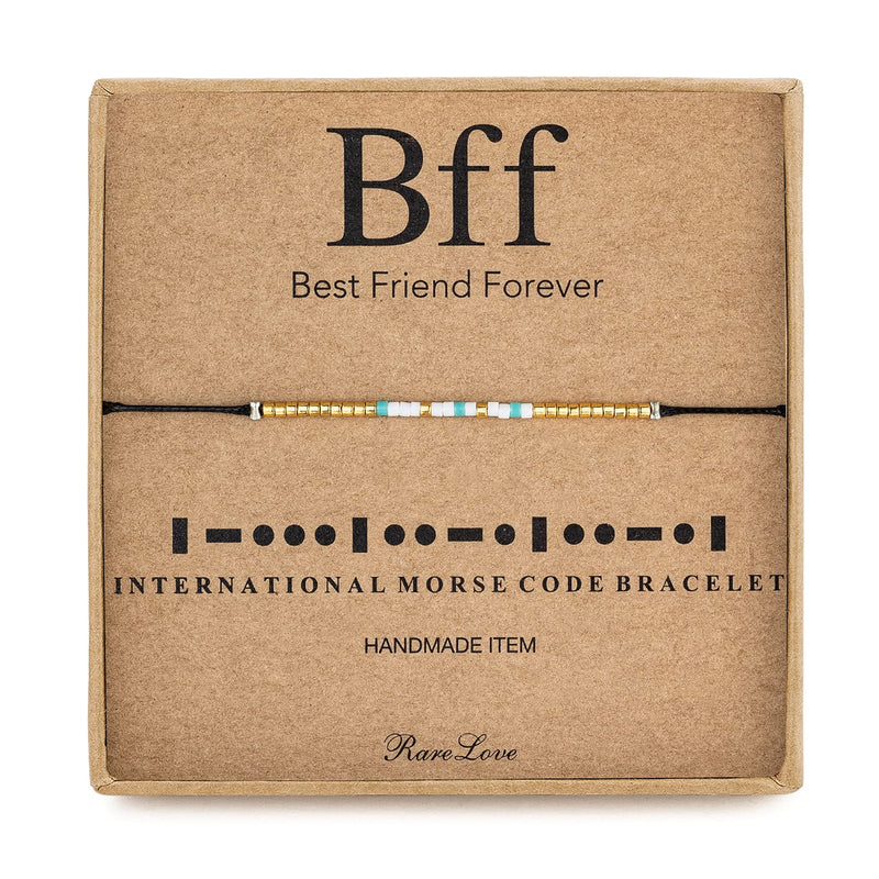 [Australia] - RareLove BFF Morse Code Beaded Bracelet Long Distance Relationships Friendship Gifts for Best Friends Waterproof Gold Blue White Tiny Pony Seed Beads Black String 