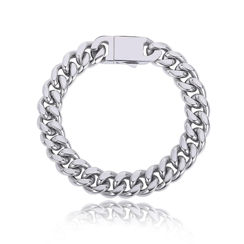 [Australia] - FAMARINE Stainless Steel Cuban Link Chain Bracelets for Men 8/9 Inches, Square Box Buckle Miami Silver Cuban Link Chain Bracelet 8inches 