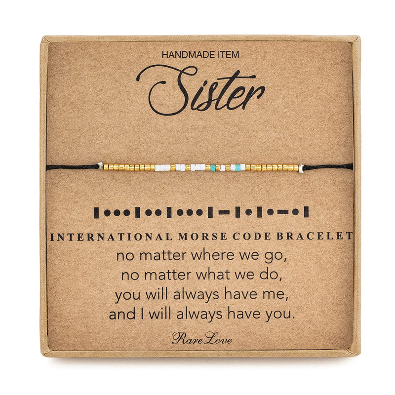 [Australia] - RareLove Sister Morse Code Beaded Bracelet Sister Birthday Gifts from Sister Long Distance Friendship Waterproof Gold Blue White Tiny Pony Seed Beads Black String 