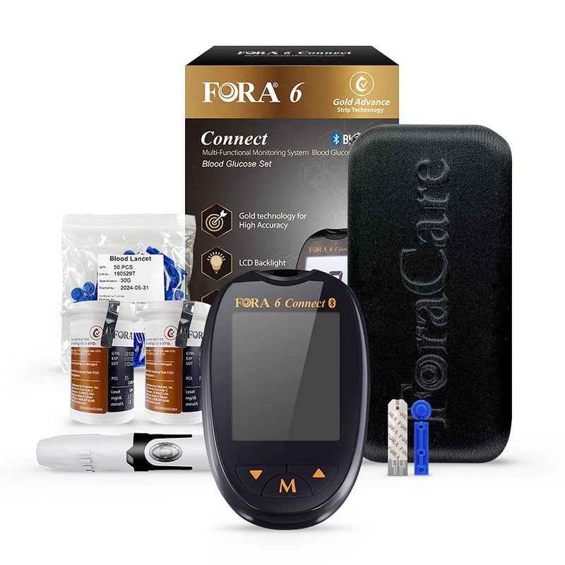 [Australia] - FORA 6 Connect Blood Glucose Set with 1 Meter, 50 Test Strips, 50 Lancets, Painless Design Lancing Device, Carry Case, Accurate Blood Sugar Measurement for Diabetes 