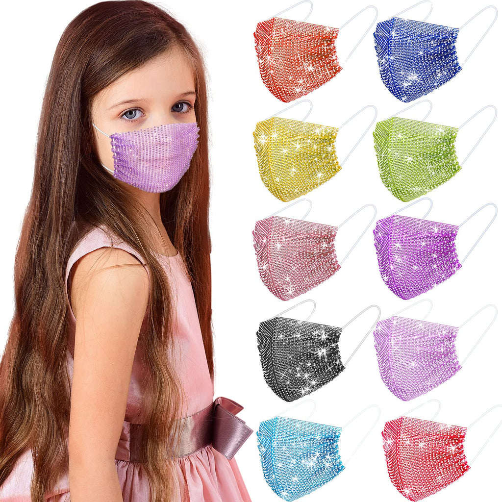 [Australia] - 10 Kid Colorful Rhinestone Face Cover Mesh Glitter Sparkly Sequin Face Covering Children Teen Girls Adjustable Masquerade Bright Color 