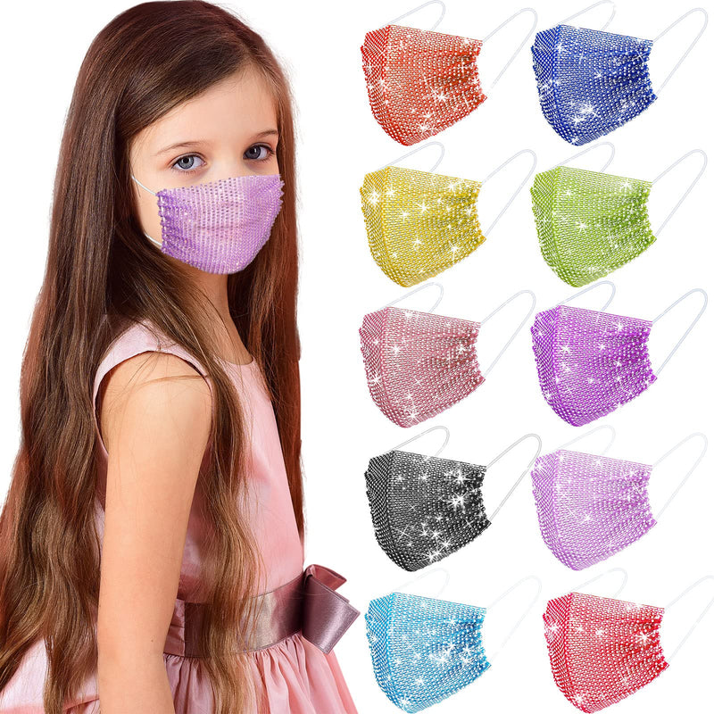 [Australia] - 10 Kid Colorful Rhinestone Face Cover Mesh Glitter Sparkly Sequin Face Covering Children Teen Girls Adjustable Masquerade Bright Color 