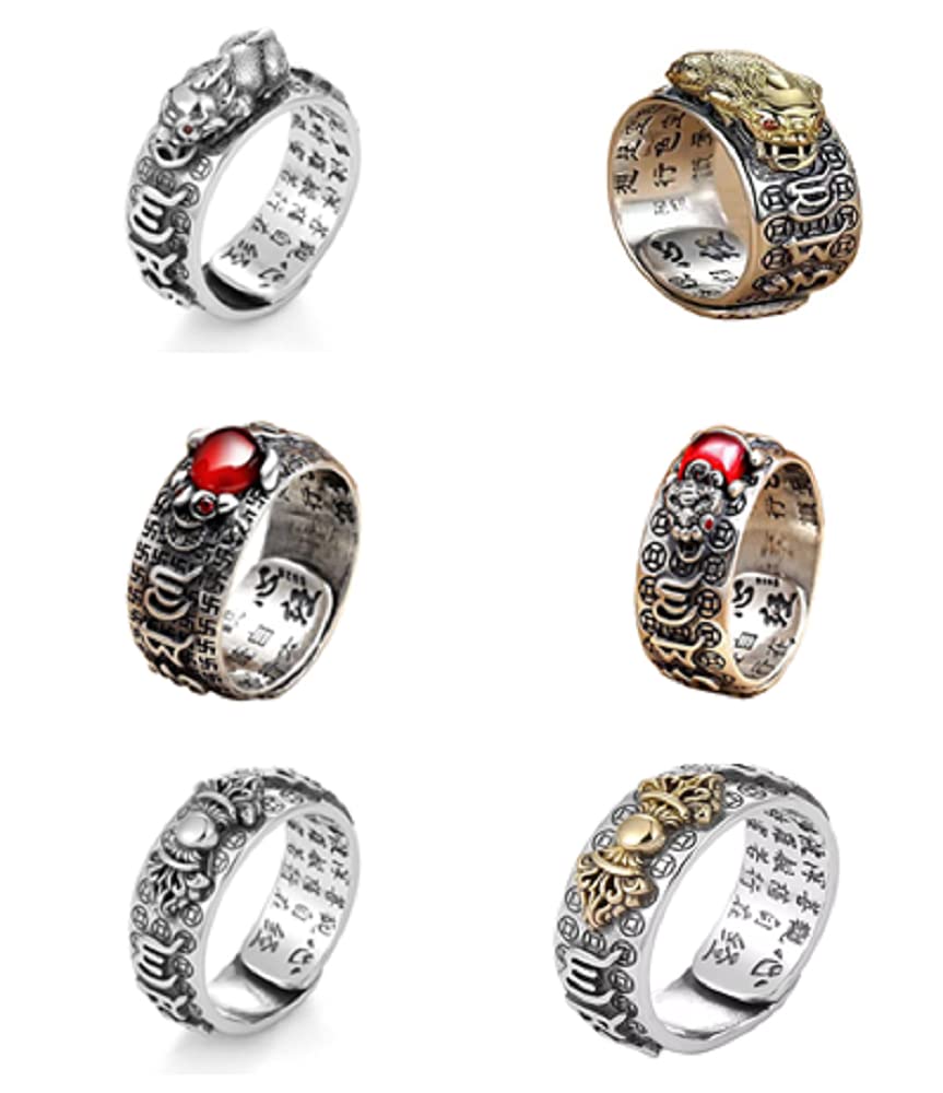 [Australia] - 6 Pcs Pixiu Charms Ring Feng Shui Amulet Open Adjustable Ring Buddhist Mani Mantra Protection Wealth Ring Wealth Religious Lucky Jewelry 