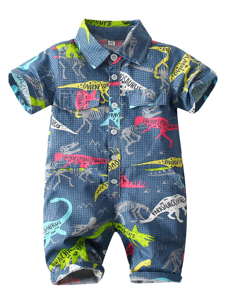 [Australia] - KMBANGI Infant Baby Boy Dinosaur Jumpsuit Short Sleeve Button-Down Shirt One Piece Romper Jumpsuit Summer Outfit Blue 0-6 Months 