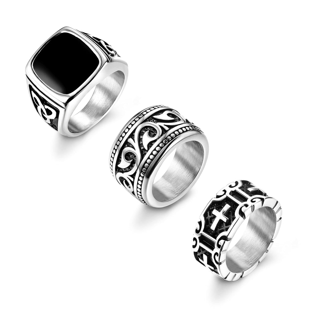 [Australia] - Fansilver Stainless Steel Rings For Men Vintage Biker Ring Wide Thick Cross Band Ring Celtic Knot Signet Ring Set Cool Thumb Ring Size(7-13) 7 