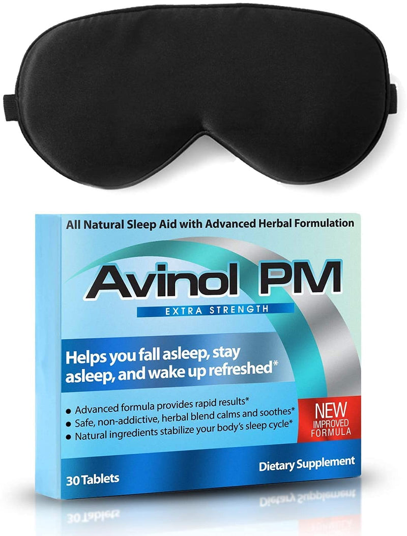[Australia] - Avinol PM Extra Strength and Dream Elements Sleep Mask | All-in-One Natural Sleep Aid (30 ct) - 100% Pure Mulberry Silk Eye Mask (with Foam Ear Plugs & Anti Snoring Nose Clip) (2 Items) 