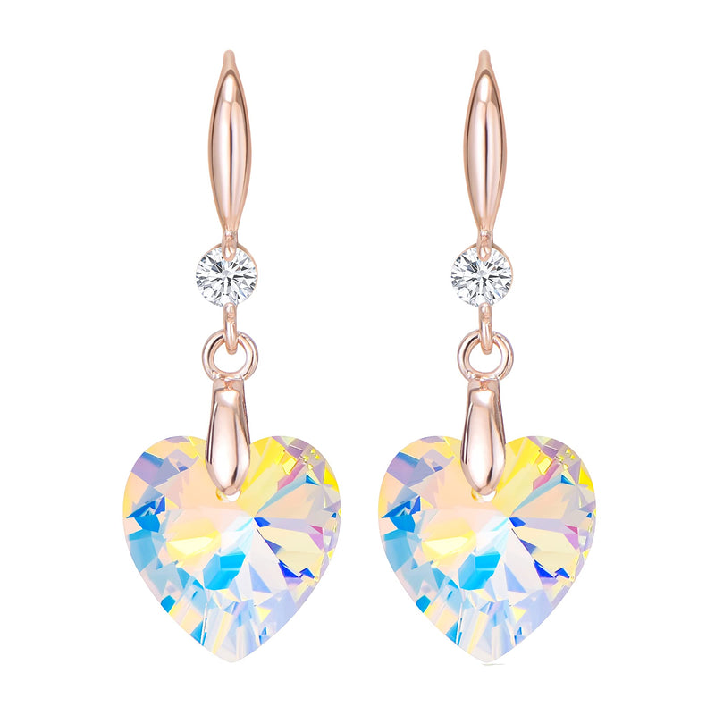 [Australia] - Jertom 14k Gold Plated Copper Love Heart Ab Stone Cubic Zirconia Crystal Hook Dangling Earrings for Women Girls aurora borealis heart rose 