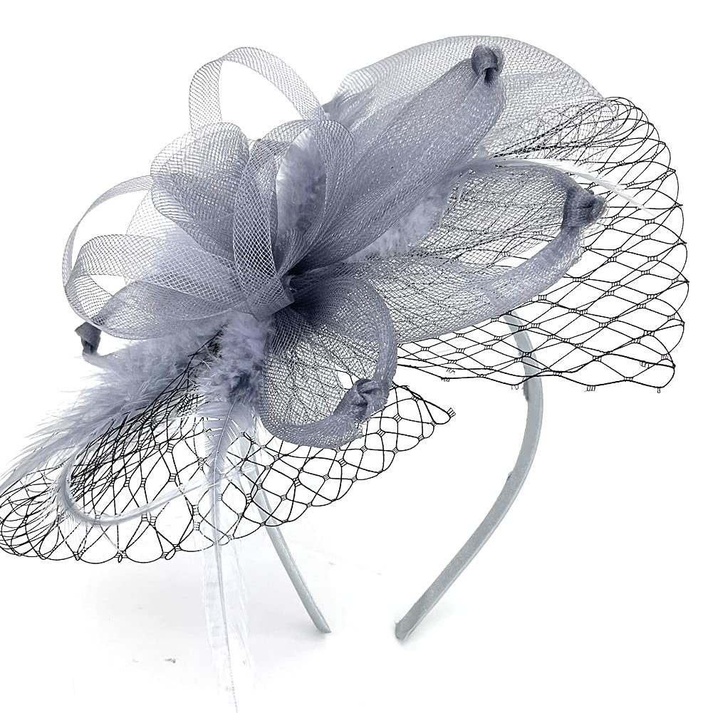 [Australia] - Women Fascinator Hat Feather Bead Satin Kentucky Derby Tea Party Sinamay Fascinators Top Hat for Kentucky Derby Wedding Fiv-grey 