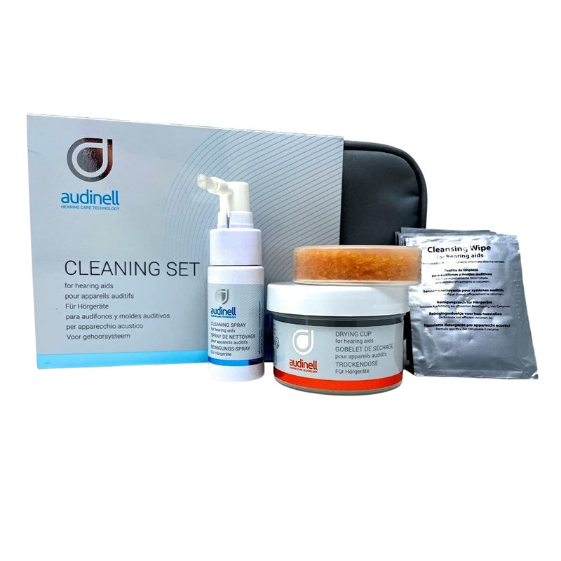 [Australia] - Audinell Hearing Aid Cleaning Kit | Starter Set | Incl. Wipes, Spray, Brush, Dry Cup, Desiccant | Accessories to Clean & Dehumidify Hearing Aids, Airpods, Earbuds, Earplugs, in-Ear Monitors (IEMs) 