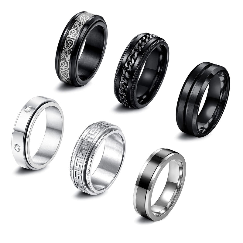 [Australia] - JOERICA 6Pcs Black Stainless Steel Fidget Spinner Rings for Men Women Cool Relieving Anxiety Peace Rings for Worry Wedding Promise Band Rings Set Size 7-13 