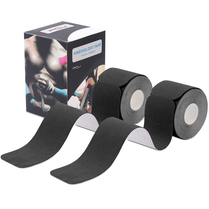 [Australia] - Kinesiology Tape Precut(2 Pack) Kinetic Tape Rolls Athletic Tape Elastic Therapeutic Sport Tape for Knees, Ankles, Shoulder, Elbow, Pain Relief and Injury Recovery 2 Inch x 16.4 ft (Black) (2 Pack) Black 