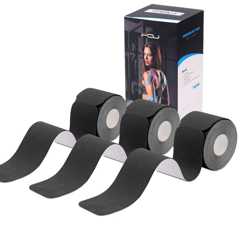 [Australia] - Kinesiology Tape Precut(3 Pack) Elastic Therapeutic Sports Tape Water Resistant Athletic Tape for Knees, Ankles, Shoulder, Elbow, Pain Relief and Injury Recovery 2 Inch x 16.4 feet Per Roll (Black) (3 Pack) Black 