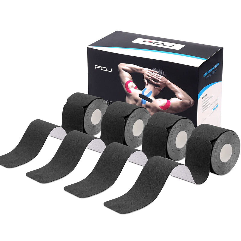 [Australia] - Kinesiology Tape Precut(4 Pack) Kinetic Tape Rolls Athletic Tape Elastic Therapeutic Sport Tape for Knees, Ankles, Shoulder, Elbow, Pain Relief and Injury Recovery 2 Inch x 16.4 ft (Black) (4 Pack) Black 