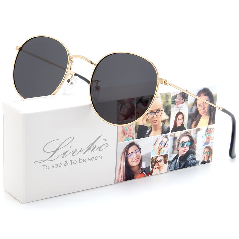 [Australia] - livho Trendy Polarized Sunglasses for Women Men Retro Round Mirrored Sun Glasses UV Protection Gold Frame + Black Lens 