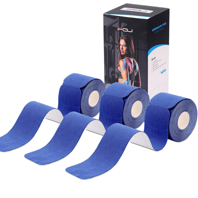[Australia] - Kinesiology Tape Precut(3 Pack) Elastic Therapeutic Sports Tape Water Resistant Athletic Tape for Knees, Ankles, Shoulder, Elbow, Pain Relief and Injury Recovery 2 Inch x 16.4 feet Per Roll (3 Pack) Blue 
