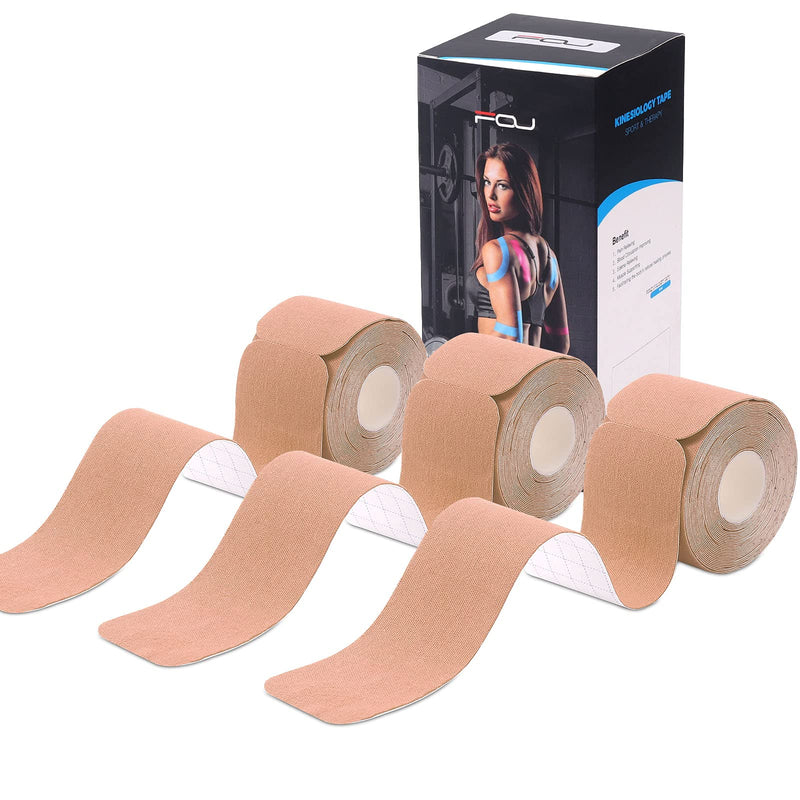[Australia] - Kinesiology Tape Precut(3 Pack) Elastic Therapeutic Sports Tape Water Resistant Athletic Tape for Knees, Ankles, Shoulder, Elbow, Pain Relief and Injury Recovery 2 Inch x 16.4 feet Per Roll (Beige) (3 Pack) Beige 