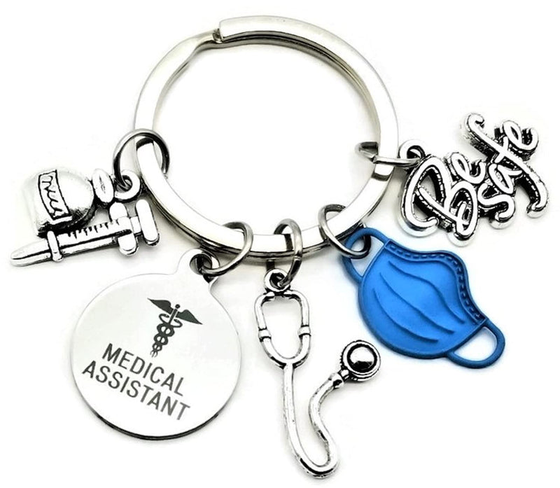 [Australia] - Kit's Kiss Medical Assistant Keychain MA Keychain Stethoscope Syringe Caduceus Medical Symbol Nursing School Graduation Medical Student Gift, Silver, Blue, Diameter of Key Ring : 1.2 inches (3 cm) 