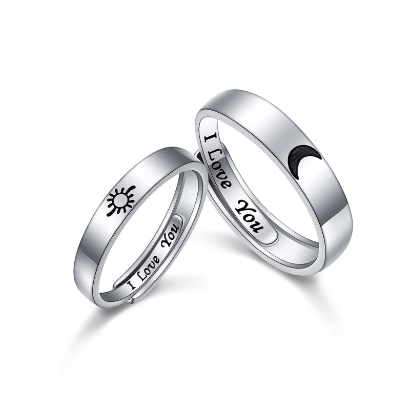 [Australia] - 2PCS 925 Sterling Silver Adjustable Rings Couples Promise Engagement Rings for Lovers His and Her Set Sun and Moon 2In1 I Love You Rings 