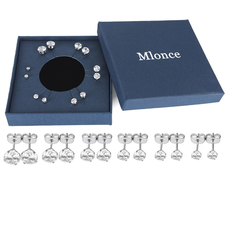 [Australia] - Mlonce Stainless Steel Stud Earrings Round Clear Cubic Zirconia Ear Studs for Women and Men Sensitive Ears Nickel Free CZ Stud Earrings Set Hypoallergenic, 6 Pairs 6-claw or 4-claw 