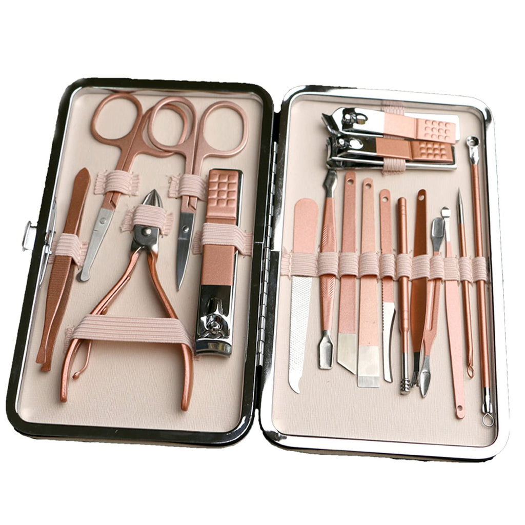 [Australia] - 18 in1 Nail Clippers Kit, Professional Trimming Manicure Set, High Precision Stainless Steel Nail Scissors Grooming Kit, With Apricot Leather Case For Travel & Daily Life(Rose Gold) 