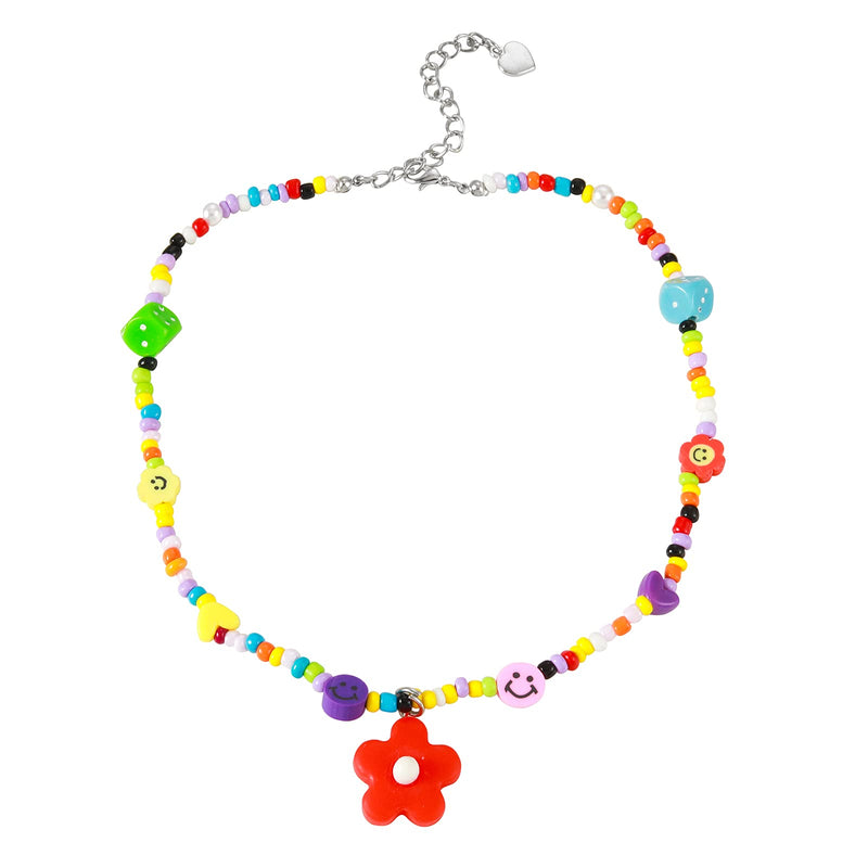 [Australia] - Cute Neckalce Funny Weird Necklace Colorful Beaded Necklace Smile Face Mushroom Lollipops Butterfly Gummy Bear Boba Tea Heart Beaded Necklace Indie Jewelry for Girls Women #10 red flower 