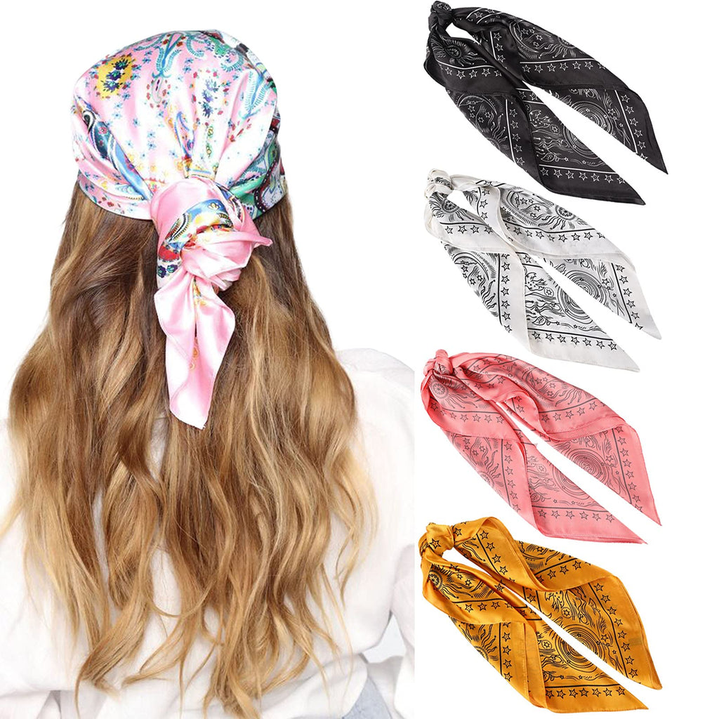[Australia] - 27 Inches Silk Feeling Square Head Scarf - 4 Pcs Satin Square Head Scarves for Women Hair Bandanas Star(black+white+pink+yellow) 