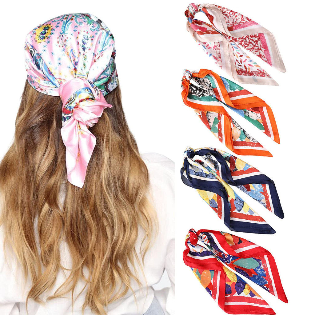 [Australia] - 27 Inches Silk Feeling Square Head Scarf - 4 Pcs Satin Square Head Scarves for Women Hair Bandanas Red + Orange + Navy Blue + Camel 