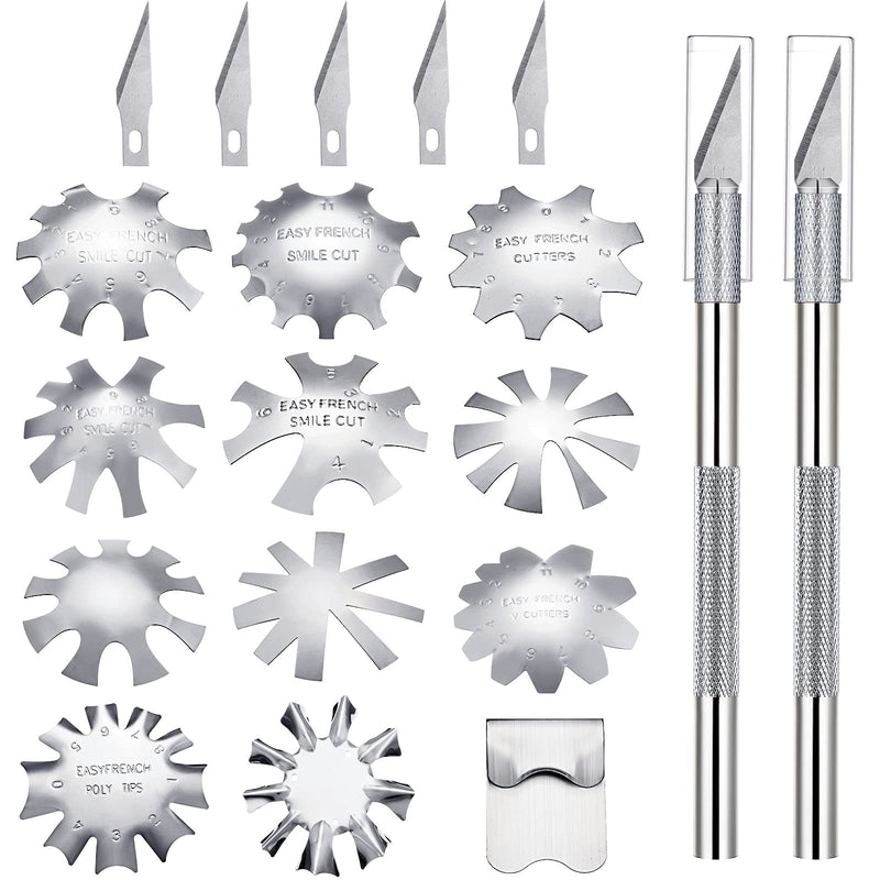 [Australia] - 12 Pieces French Nail Trimmer Smile Line Cutter Edge Manicure Stainless Steel French Tip Cutters DIY Plate Module with 2 Handles French Tip Cutting Knife and 5 Spare Blade for Acrylic Nail (Silver) Silver 