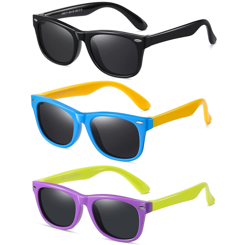 [Australia] - DYLB Kids Polarized Sunglasses for girls boys 3 Pack, Flexible TPEE Rubber Frame for Children Age 3-8. Black + Blue Yellow +Purple Yellow 
