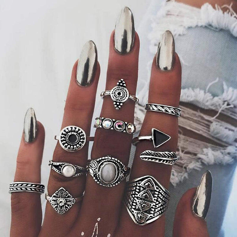 [Australia] - Bufenia Retro Ring Set Joint Knuckle Rings Black Crystal Midi Stacking Rings for Women and Teen Girls 