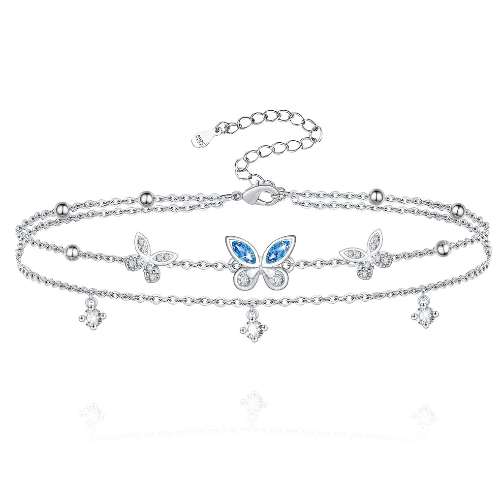 [Australia] - S925 Sterling Silver Anklet for Women Adjustable Foot Ankle Bracelet Heart Charm Anklets Jewelry Gifts for Women Girls Blue Butterfly Aneklet 