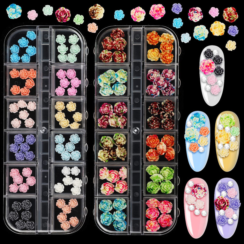 [Australia] - 132 Pieces Rose Nail Art Charms 3D Flower Nail Art Decoration Rose Nail Glitter Charm Flower Flat Nail Accessories Supplies for Women Girl Salon Nail 