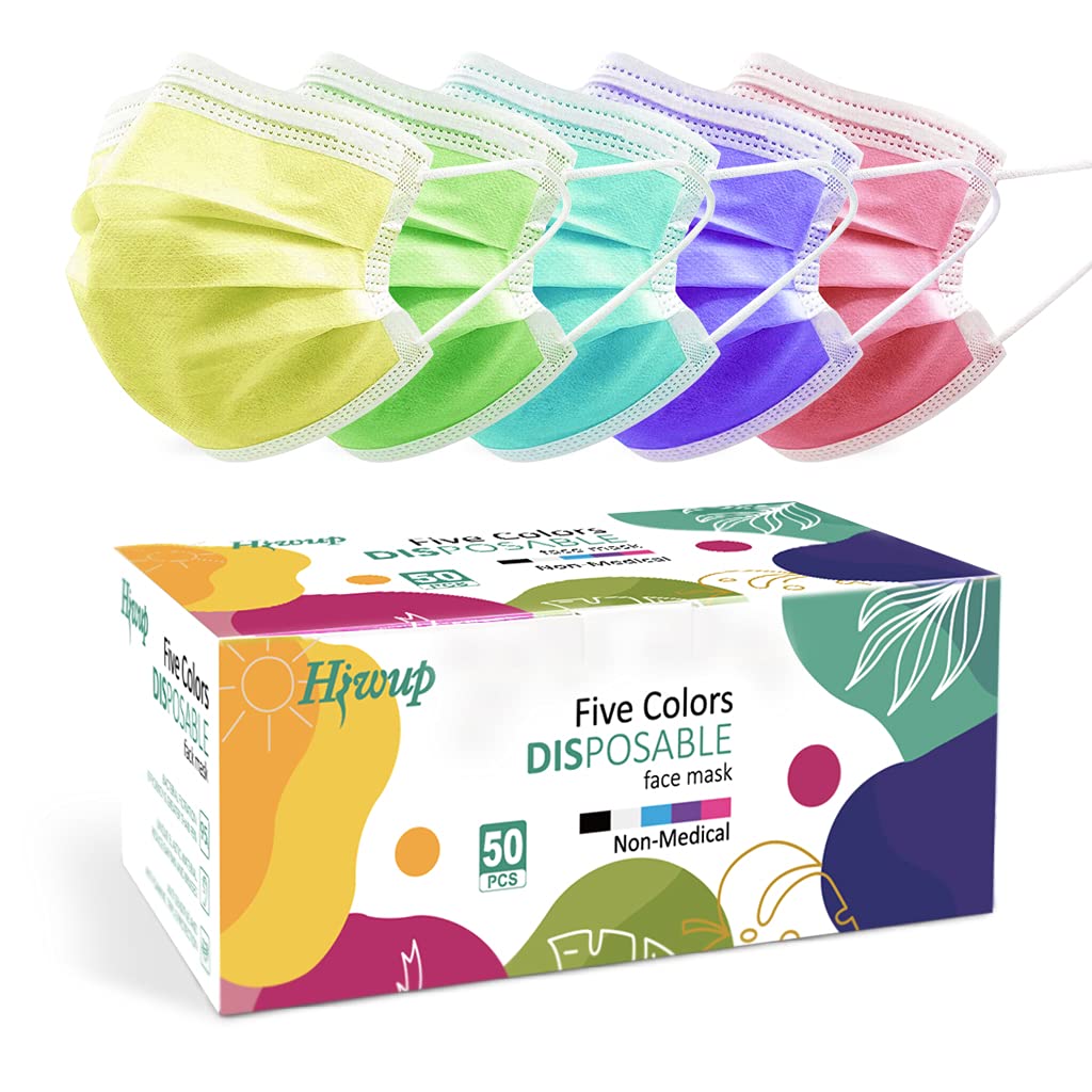 [Australia] - HIWUP Multicolor Disposable Face Masks 50 Pack, PFE 99% Face Mask Suitable For Adults And Teens 5-colors 50pcs 