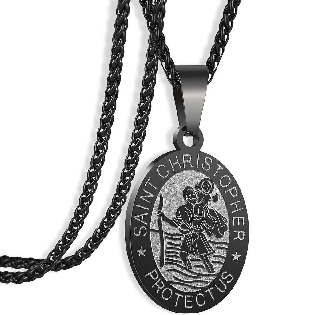 [Australia] - Oval Saint Christopher/Michael/Joseph Pendant Medal Necklace, Catholic Stainless Steel Wheat Chain 24 Inches Saint-Christopher-Black 