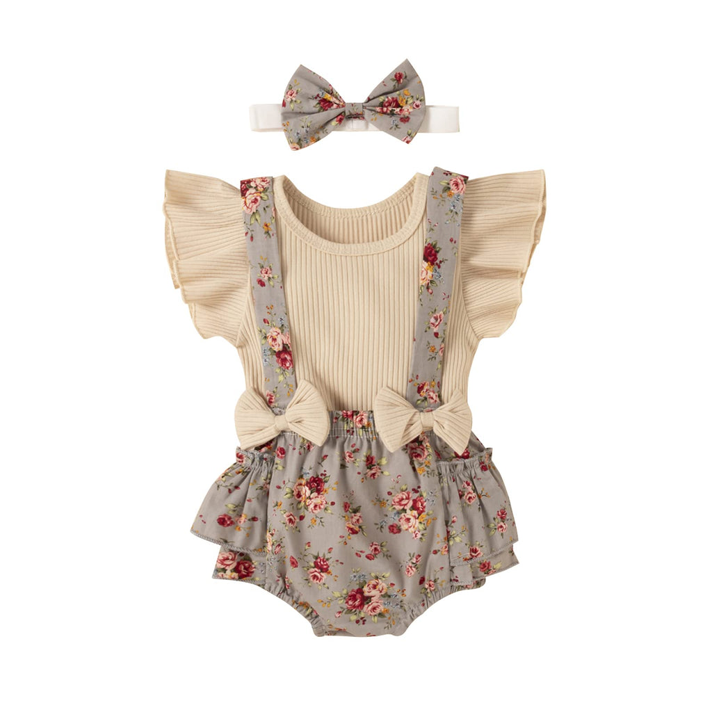 [Australia] - Newborn Infant Baby Girls Summer Clothes Sets Ruffle Sleeve Ribbed T-Shirt Floral Suspender Shorts Headband 3PCS Outfit Set Beige 0-3 Months 