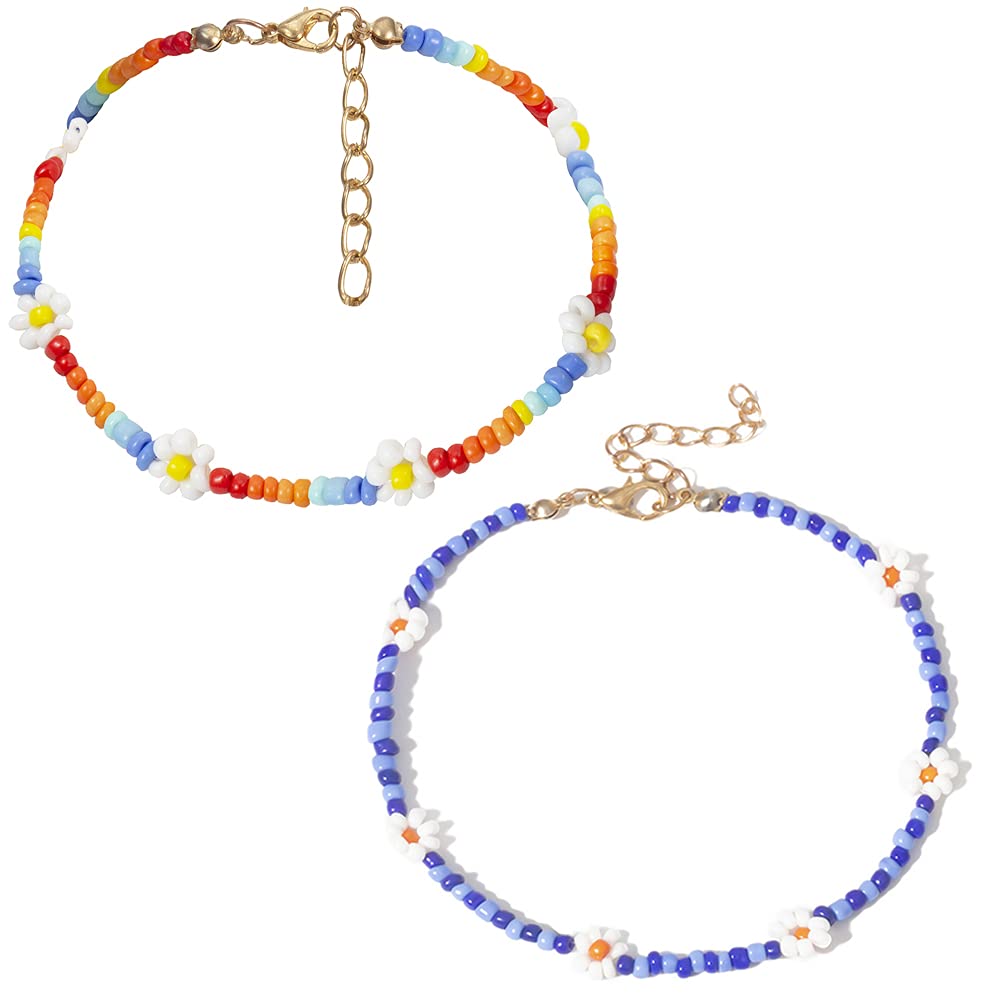 [Australia] - nylry 2 Pcs Aesthetic Beaded Y2K Anklets for Women Boho Colorful Seed Bead Flower Ankle Bracelets Cute Daisy Anklet Set Adjustable Handmade Beads Foot Chain Summer Beach Jewelry for Teen Girls A 