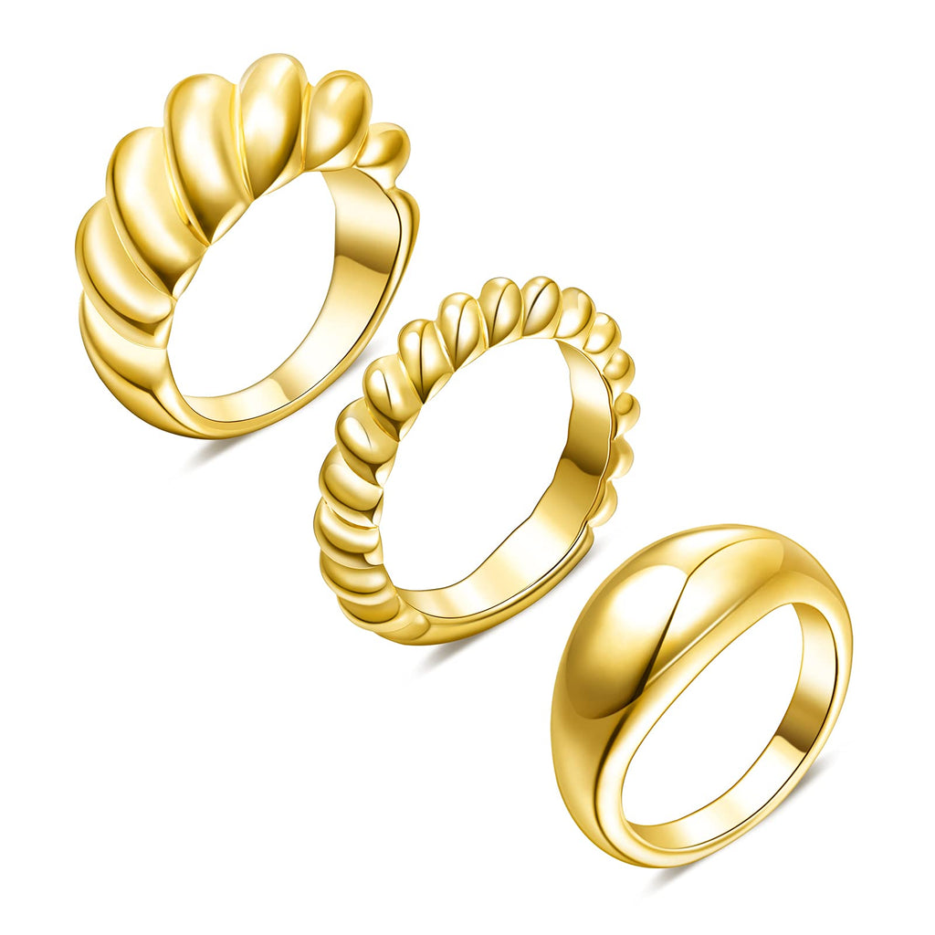 [Australia] - Chunky Ring Set: 14k Gold Plated Croissant Braided Twisted Dome Ring Jewelry for Women Men Teens Boy Girl 6 