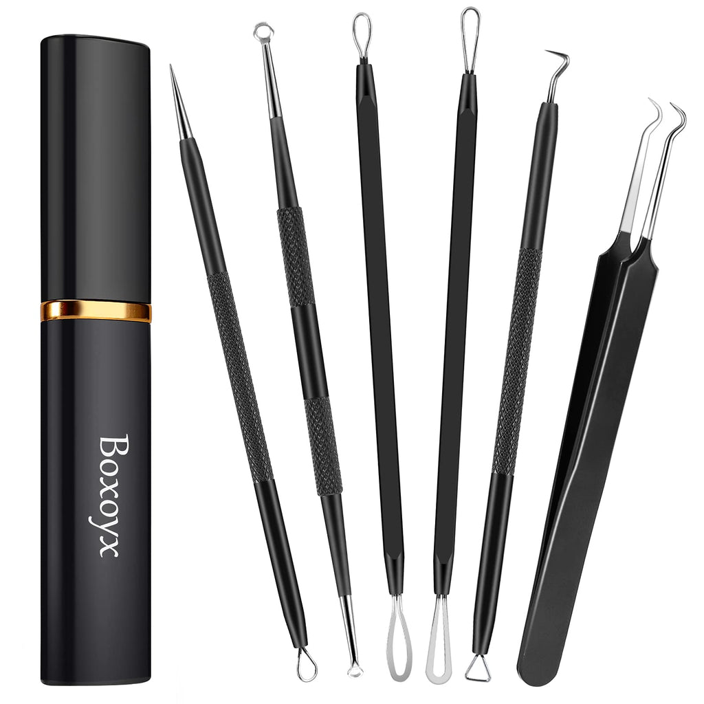 [Australia] - Boxoyx Pimple Popper Tool Kit - 6Pcs Blackhead Remover Comedone Extractor Tool Kit with Metal Case for Quick and Easy Removal of Pimples, Blackheads, Zit Removing, Forehead, Facial and Nose(Black) 