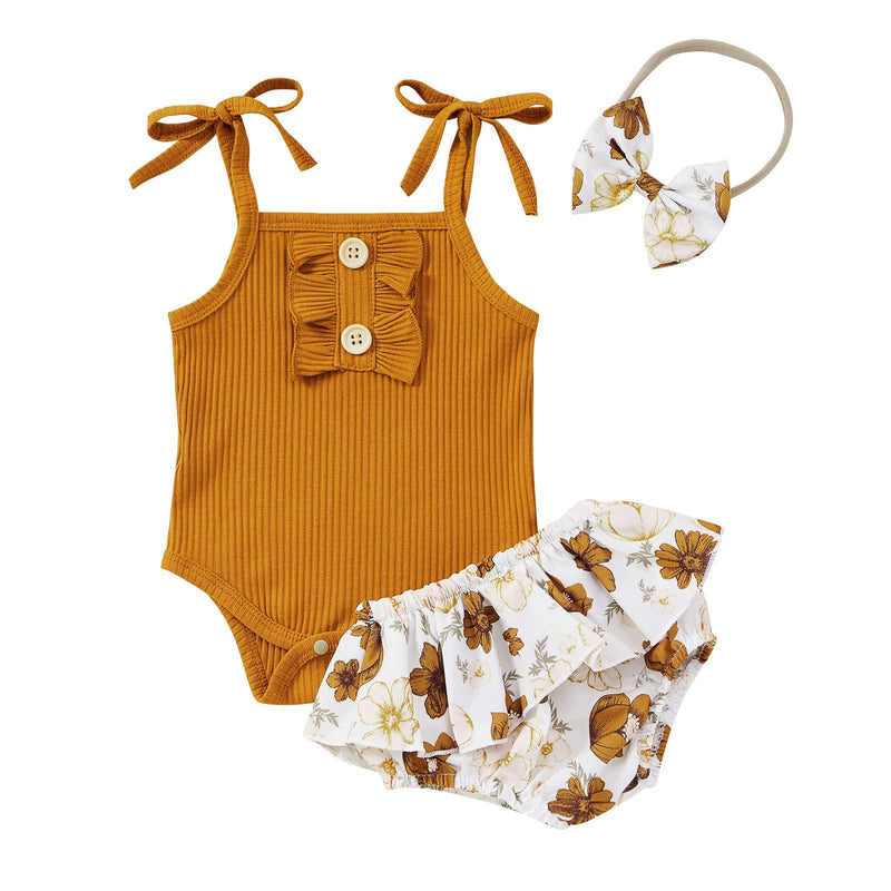 [Australia] - Elspilit Newborn Infant Baby Girl Clothes Set Romper Onesies Pants Shorts Bow Headband 3PC Summer Outfit Brown B 0-3 Months 