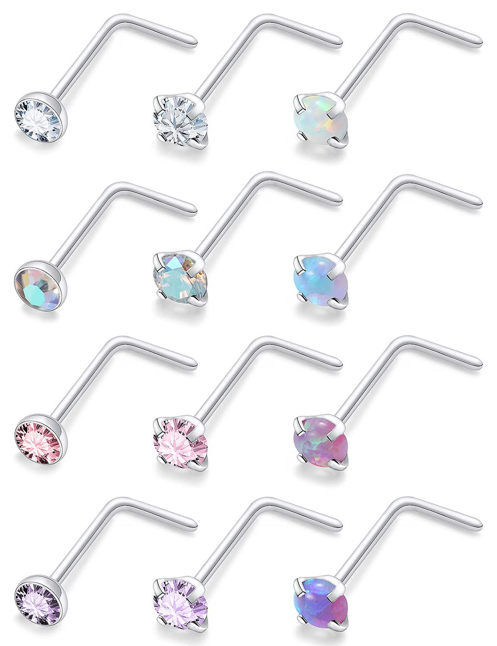 [Australia] - Uzgtvy 20G Opal Nose Rings Studs Surgical Steel Nose Nostril Piercing Jewelry for Women Men Girl CZ Opal 2MM 12Pcs L Shaped- Silver Tone 