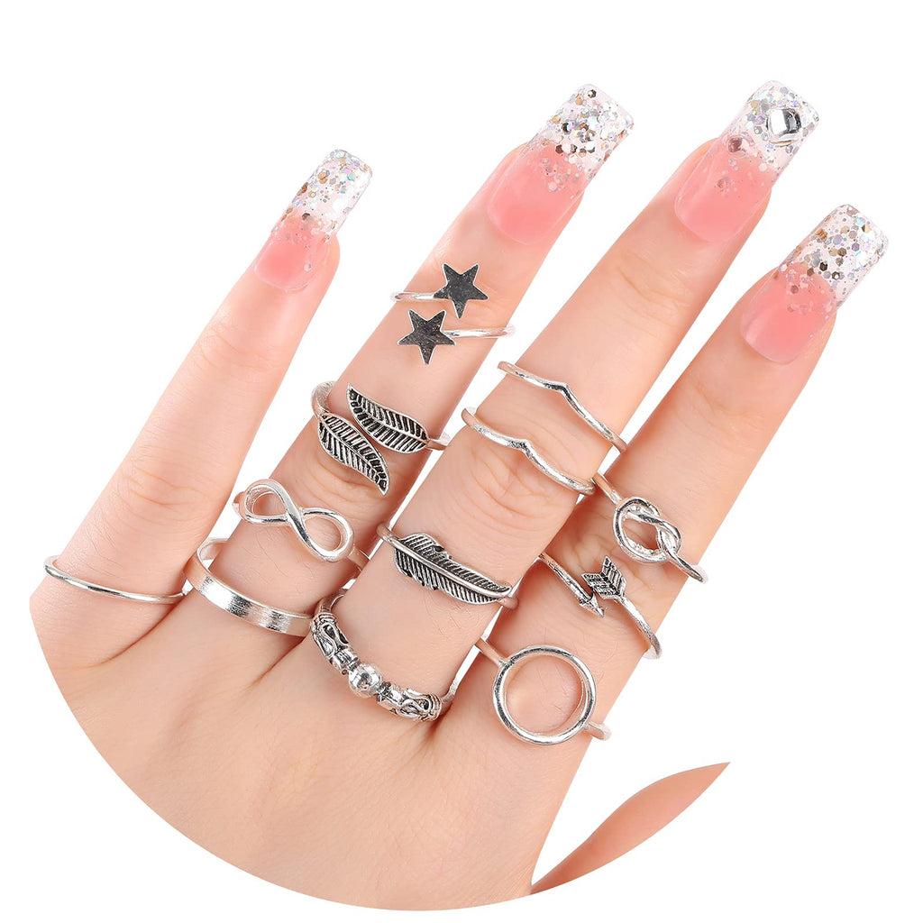 [Australia] - 12 Pack Silver Knuckle Ring Set for Women Stackable Vintage Rings for Teen Girls Boho Trendy Finger Rings Adjustable Various Punk Rings Aesthetic Friendly Stacking Ring Sets Gifts 