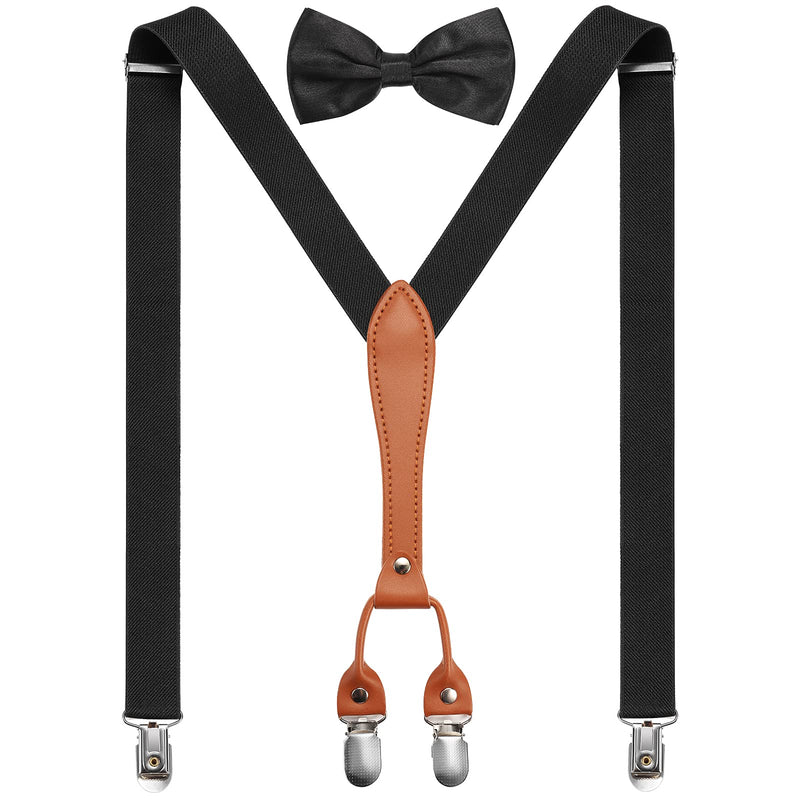 [Australia] - Kids 4 Clips Suspender and Bow Tie Set Adjustable Y-Back Suit Brace Bowtie Set for Wedding Birthday Tuxedo Formal Black 