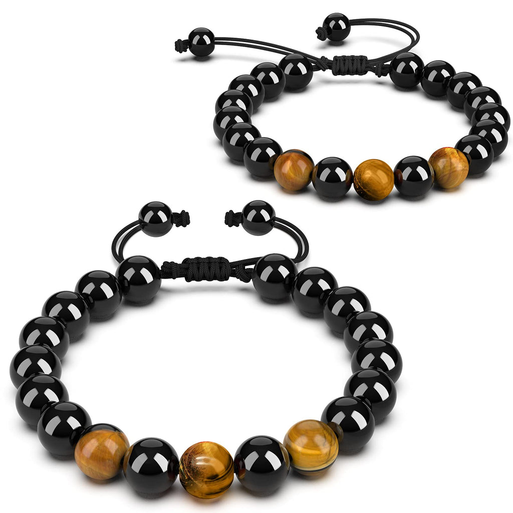[Australia] - Mens Beaded Bracelets, Beads Bracelet for Men Women 2PCS -10mm Handmade Adjustable Braided Rope Gemstone Fashion Bracelets with Natural Stone Tiger Eye, Black Obsidian 