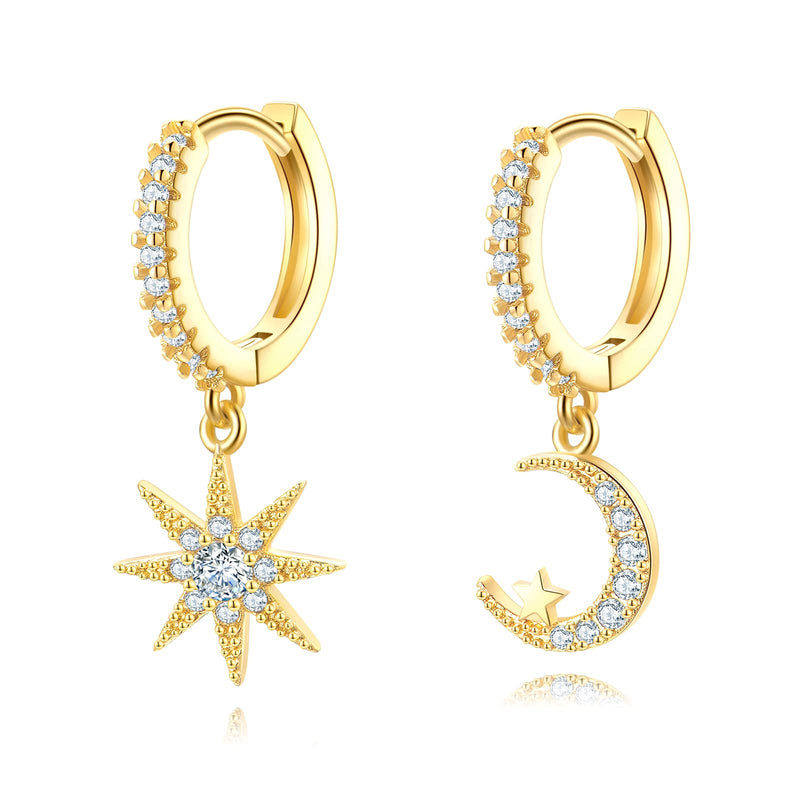 [Australia] - Moon Star 925 Sterling Silver Earrings For Women Girls, Dainty Drop/Dangle Huggie Earrings with Cubic Zirconia Unique Jewelry Gift Gold 