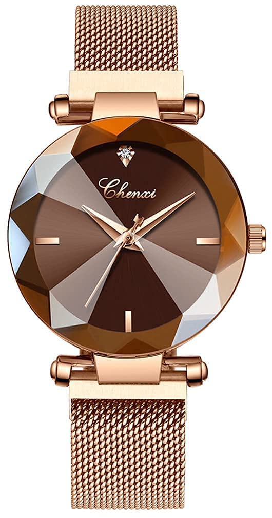 [Australia] - Women's Watches Fashion Shine Crystal Cutting Mirror Wrist Watch Rose Gold Stainless Steel Mesh Band Waterproof Analog Quartz Watches A brown 